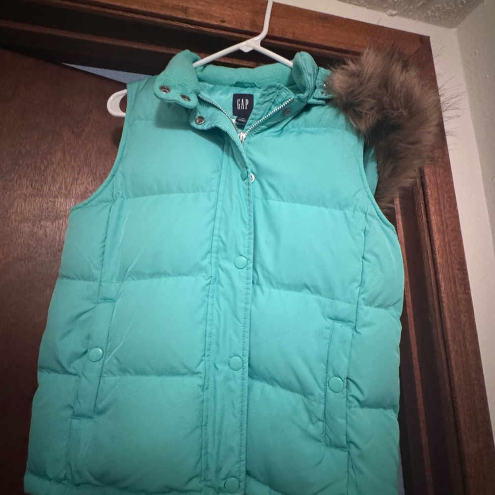 GAP Aqua Puffer Vest with Faux Fur Accent